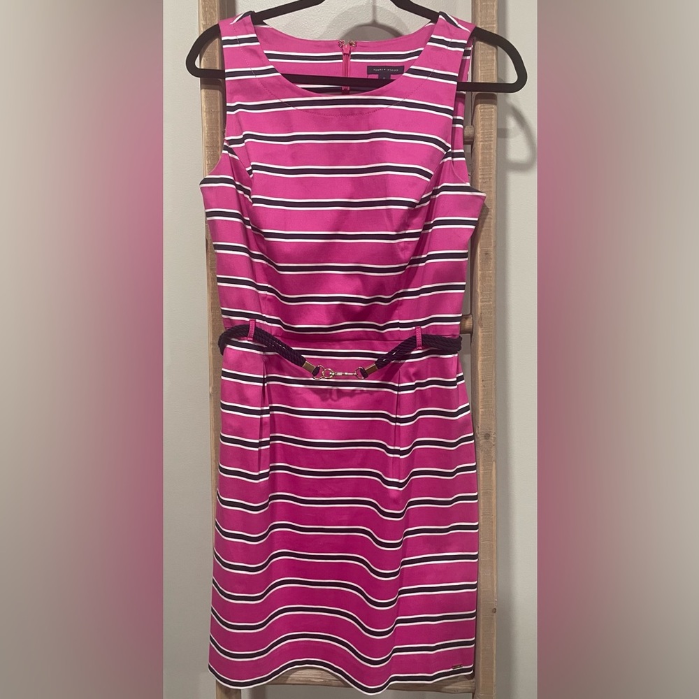Tommy Hilfiger midi dress with a navy rope belt.